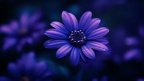 Purple Daisy Bloom with Golden Stamens Against Dark Blue Background.