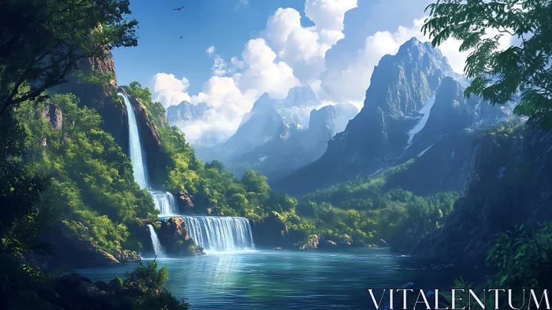 Tiered alpine waterfall and lake beneath sunlit jagged peaks.