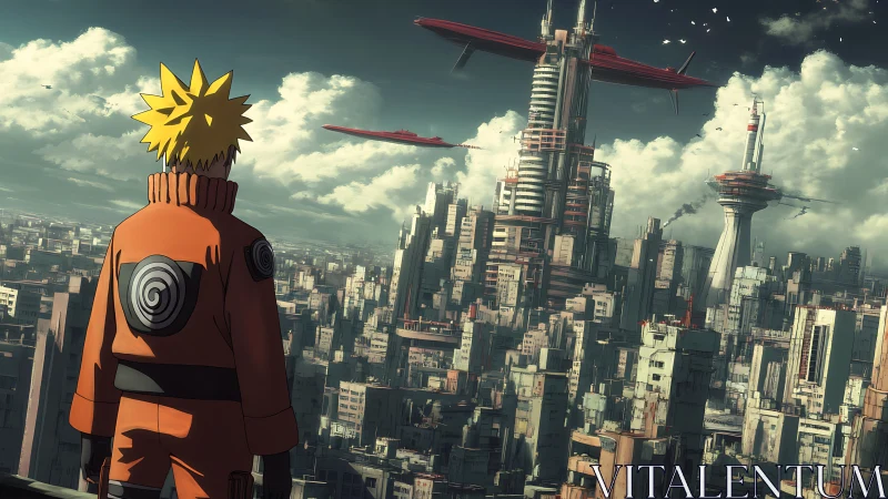 Figure in orange suit observing dense futuristic cityscape.