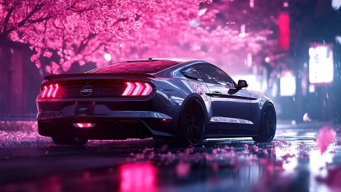 Neon-lit sports coupe under cherry blossoms in rainy night street