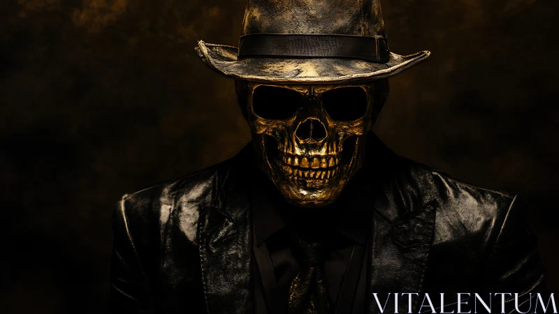 Specular-lit gilded skull figure in hat and latex suit portrait.