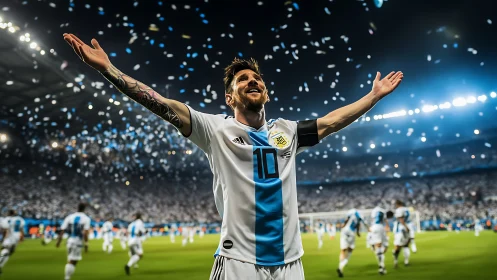 Triumphant soccer forward in stadium under confetti lights