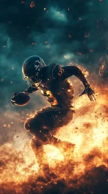 Dynamic football runner emerging through cinematic firestorm