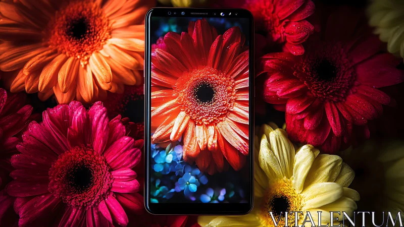 Smartphone Blooms: Digital Gerberas Meet Nature's Chromatic Stage.