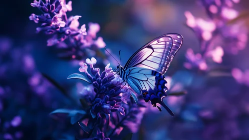 Blue butterfly on purple flowers in vivid close-up view.