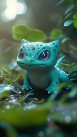 Bulbasaur style creature in moist forest setting.