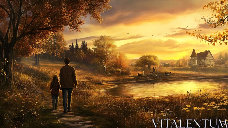 Autumn countryside walk beside golden pond at sunset.