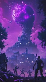Purple energy sphere above fortified mansion with figures below.