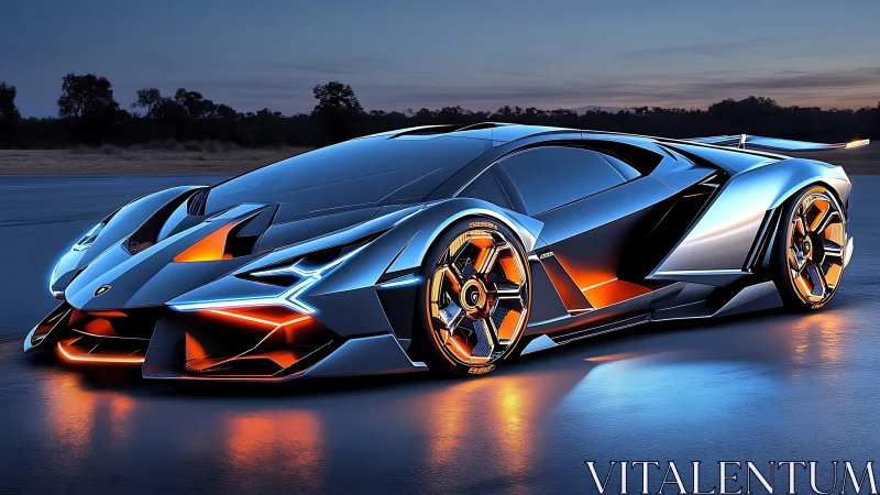 Futuristic hypercar rendered with hard surface reflections and neon accents