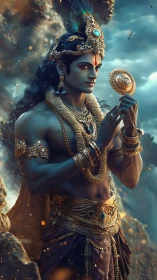 Digital mythic figure holding ornate disc in rocky landscape.