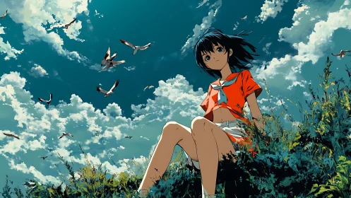 Girl in red sailor outfit under expansive sky.