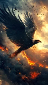 Majestic eagle soars through burning storm clouds at dusk.