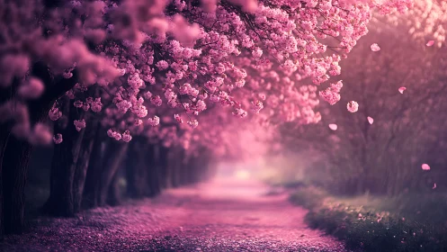Blushing cherry blossom tunnel bathing a dreamlit pathway.