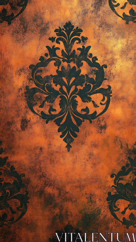 Baroque damask motif on distressed burnt orange ground.