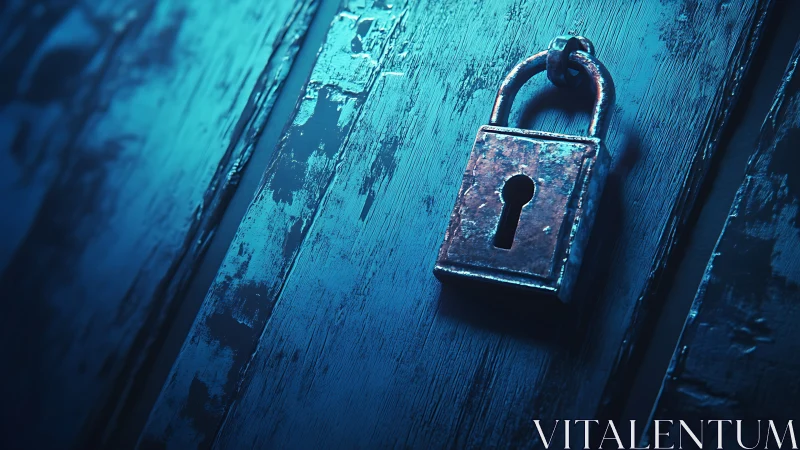 Rusty padlock hangs on distressed blue wooden door surface