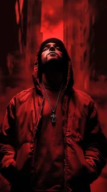 Hooded male figure in red jacket under red urban light.