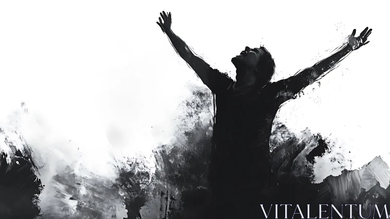 Silhouetted figure rises from abstract ink storm in triumph