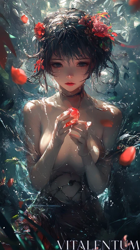 Forest water muse cradling a glowing rose in stillness.