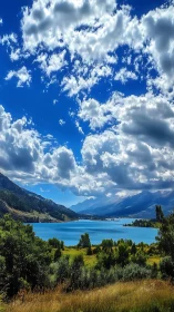 Sunlit lake valley under storybook clouds and bold blue sky.