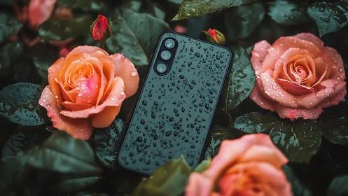 Water-dropped smartphone on roses in cinematic macro frame.
