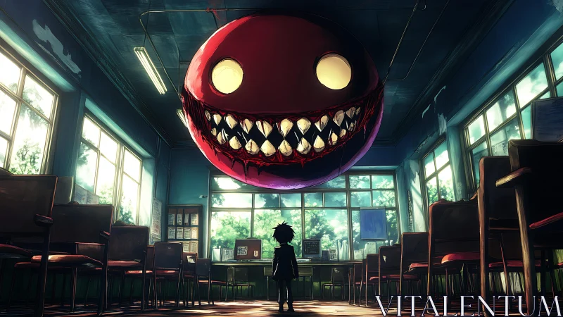 Child facing large floating creature in empty classroom.