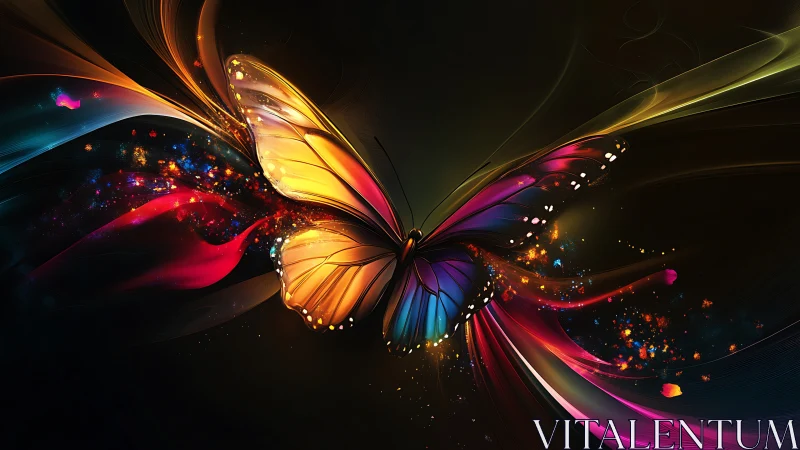 Digital butterfly form extends luminous multicolored trails