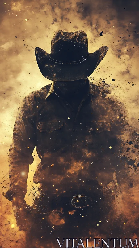 Lone cowboy silhouette dissolving in smoky golden dust.
