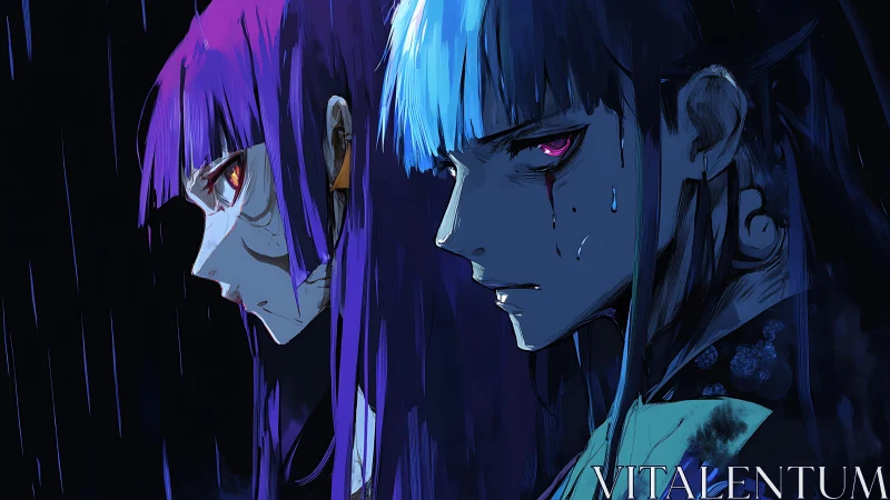 Two sorrowful anime warriors stand in neon-soaked rain