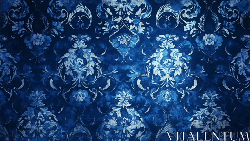 Ornate blue damask pattern with floral baroque forms.