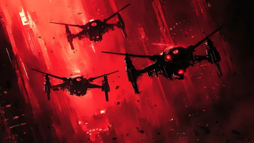 Autonomous rotary drones over red-illuminated cityscape.