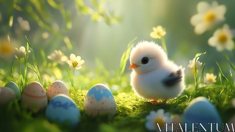 Soft-lit spring chick among pastel Easter eggs in meadow.