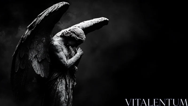 Stone angel folds into darkness and quietly cradles sorrow