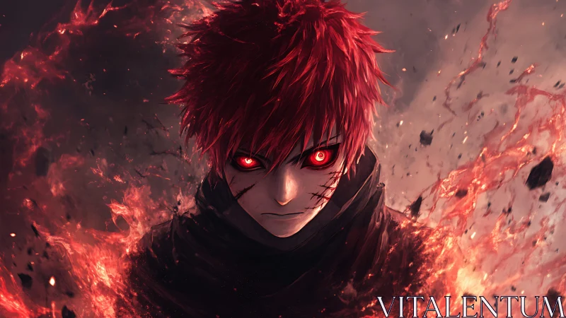 Ember-eyed warrior rising from swirling crimson flames.