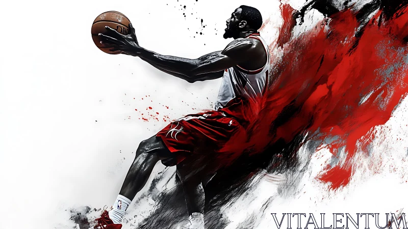 Basketball player drives forward through red abstract motion
