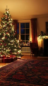 Interior living room displays illuminated Christmas tree scene