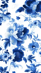 Blue and White Floral Pattern with Layered Botanical Elements