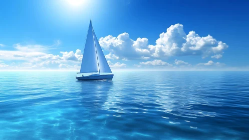 Single-mast sailboat on specular calm ocean under cumulus sky.
