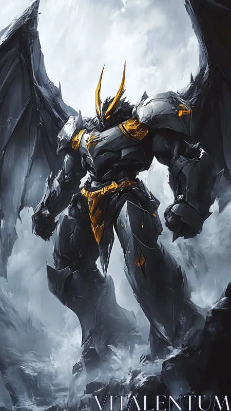 Dark armored winged mech warrior stands amid swirling storm.
