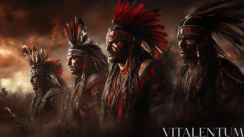 Warriors in feathered headdresses under burning dusk sky.