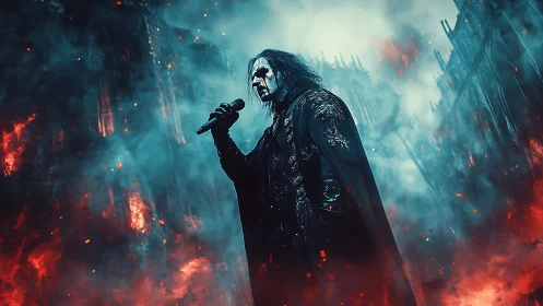 Gothic metal singer commanding flames in eerie fog.