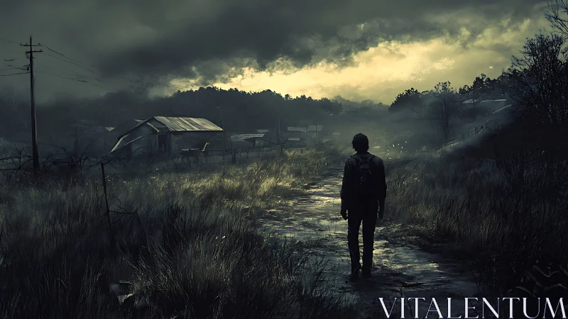 Wanderer on a rain-soaked road beneath a restless sky.