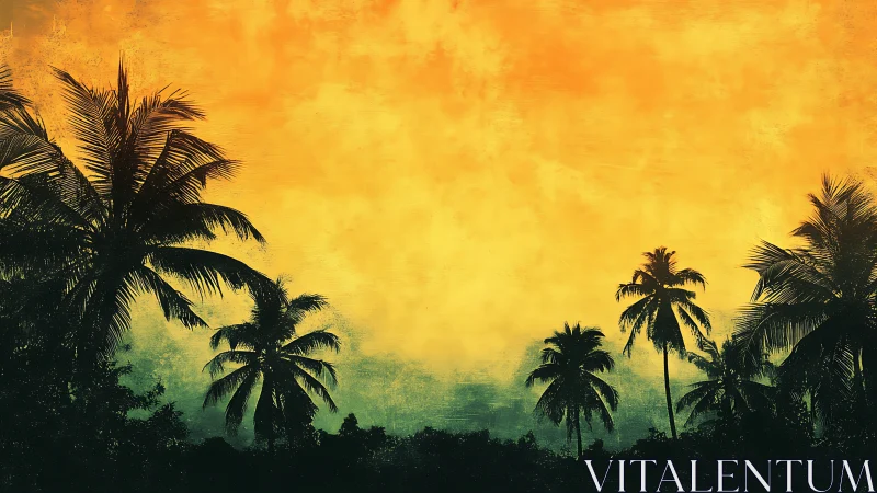 Textured tropical palm silhouettes against gradient sunset sky