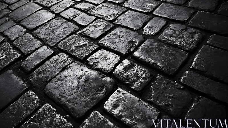 Wet cobblestone street at night in dramatic black and white style.