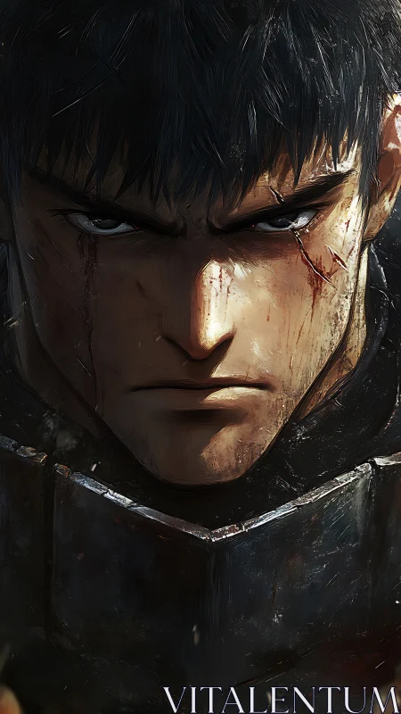 Battle-scarred warrior locked in storm-dark, unyielding focus.