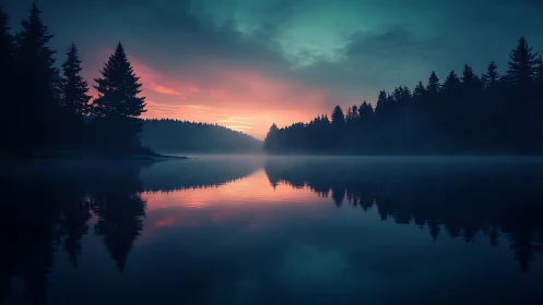 Cinematic lake sunrise with mirrored conifer silhouettes.