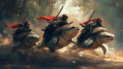 Mounted warriors riding large turtles through misty terrain.