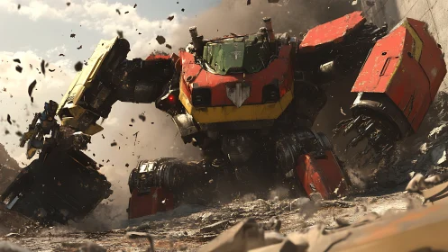 Colossal combat mech shatters concrete wall in dusty canyon.
