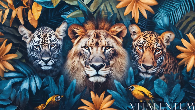 Three Big Cats with Tropical Foliage Background.