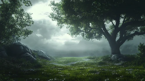 Misty forest clearing with ancient tree at dawn lighted edge.