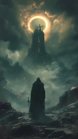 Dark cloaked wanderer before eclipse-crowned fortress.